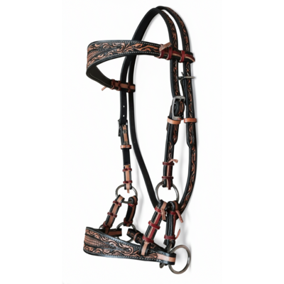 Bitloos Sidepull Hoofdstel Leaf Tooling Russet &amp; Black