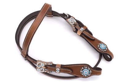 Minishetty westernhoofdstel met lichtblauwe concho&rsquo;s &ndash; maat Mini Shetty