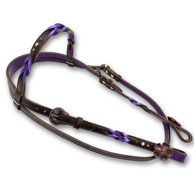 Western Hoofdstel Donkerbruin met Lila Vlechtwerk en Flower-Concho&rsquo;s