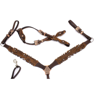 Westernset One Ear Vintage &ndash; Donkerbruin Harness Leder met Strass