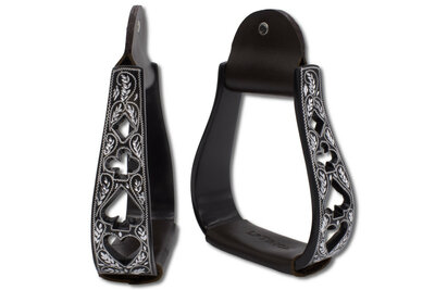 Zwarte western stijgbeugels aluminium met gravure en pokerdesign