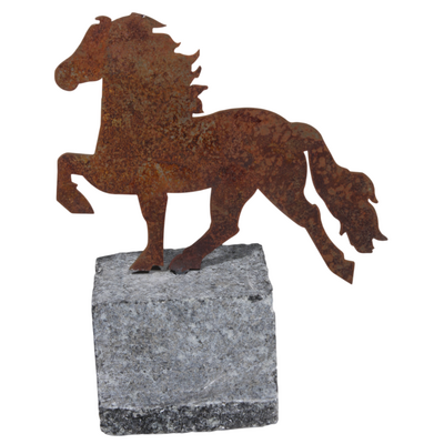 Decoratief IJslands Paard op Granieten Voet &ndash; Roeststaal