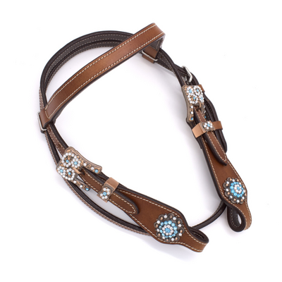 Minishetty westernhoofdstel met lichtblauwe concho&rsquo;s &ndash; maat Mini Shetty