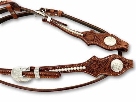 Westernhoofdstel &ndash; Two Ear Flower Tooling &amp; Pearls