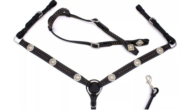 Westernset zwart met koperkleurige klinknagels, zilverkleurige concho&#039;s