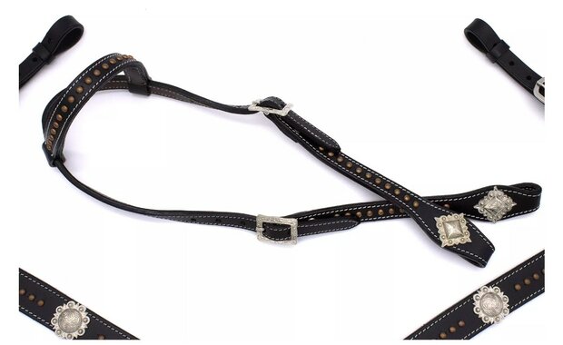 Westernset zwart met koperkleurige klinknagels, zilverkleurige concho&#039;s