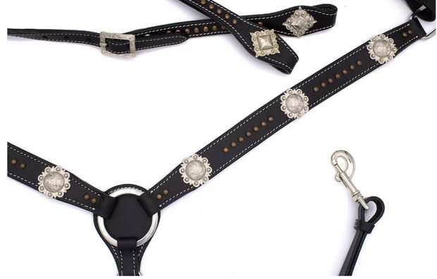 Westernset zwart met koperkleurige klinknagels, zilverkleurige concho&#039;s