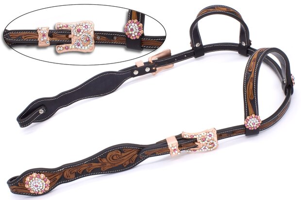 Two Ear show westernhoofdstel zwart chestnut met roze steentjes