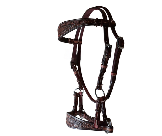 Bitloos Sidepull Hoofdstel Leaf Tooling Russet &amp; Latigo