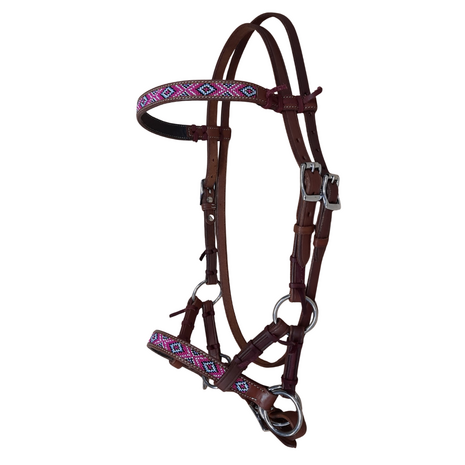 Bitloos Sidepull Hoofdstel Pink Beads &ndash; Chestnut &amp; Dark Chestnut (QH)