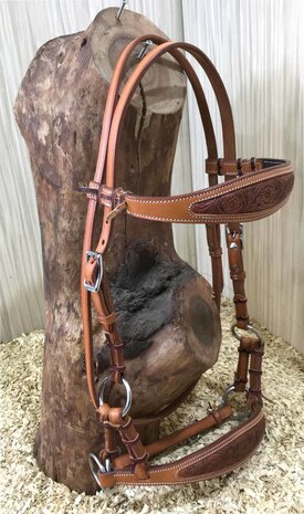 Sidepull Bitloos Hoofdstel met Inlay Leer &amp; Tooling &ndash; QH | 4 Kleuren 