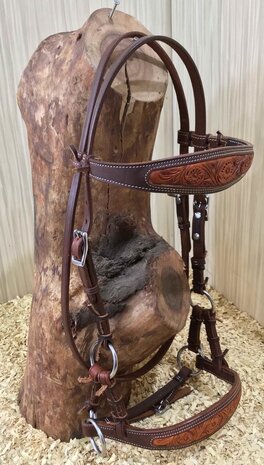 Sidepull Bitloos Hoofdstel met Inlay Leer &amp; Tooling &ndash; QH | 4 Kleuren 