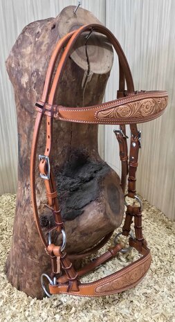 Sidepull Bitloos Hoofdstel met Inlay Leer &amp; Tooling &ndash; QH | 4 Kleuren 