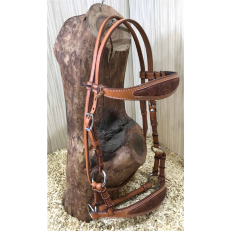 Sidepull Bitloos Hoofdstel met Inlay Leer &amp; Tooling &ndash; QH | 4 Kleuren 