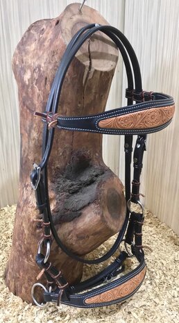 Sidepull Bitloos Hoofdstel met Inlay Leer &amp; Tooling &ndash; QH | 4 Kleuren 