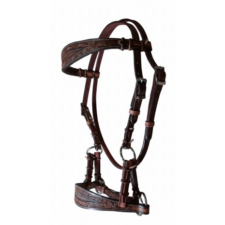 Bitloos Sidepull Hoofdstel Leaf Tooling Russet &amp; Latigo