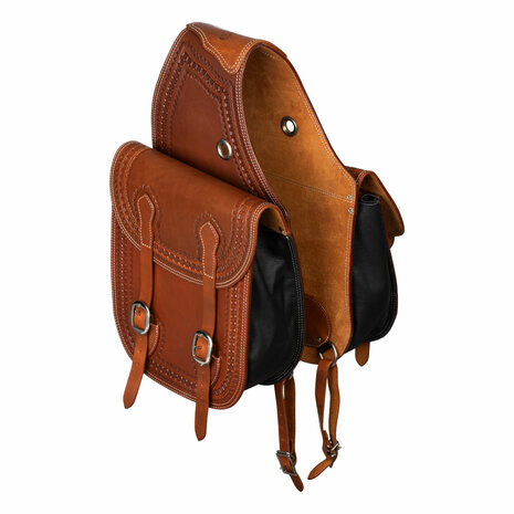 Pool&rsquo;s Handtooled Leren Saddlebag met Border Stamp &ndash; Dark Oil