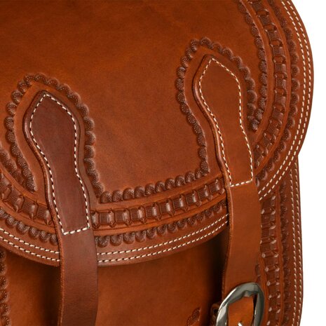Pool&rsquo;s Handtooled Leren Saddlebag met Border Stamp &ndash; Dark Oil