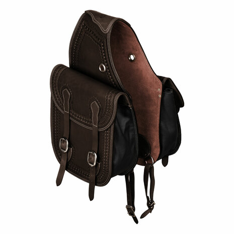 Pool&rsquo;s Handtooled Leren Saddlebag met Border Stamp &ndash; Dark Brown