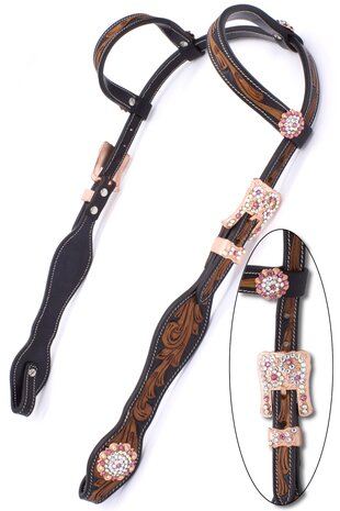 Two Ear show westernhoofdstel zwart chestnut met roze steentjes