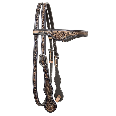 Browband Western Headstall Flower Tooling | Russet met Zwart | QH