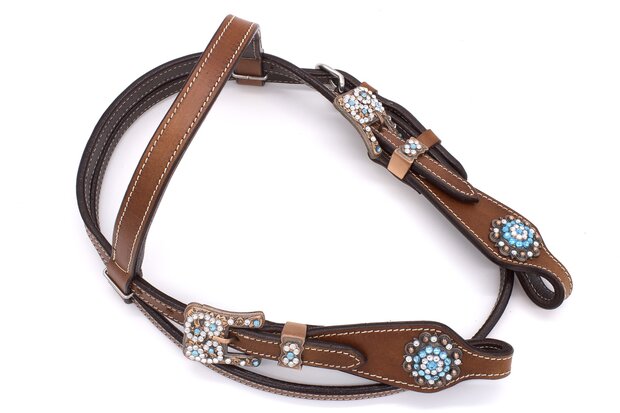 Minishetty westernhoofdstel met lichtblauwe concho&rsquo;s &ndash; maat Mini Shetty