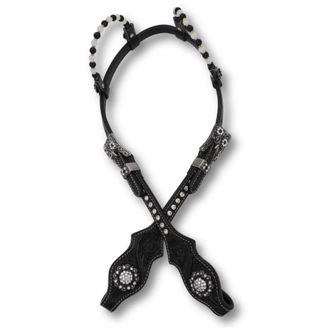 Two Ear show westernhoofdstel Zwart Leder met Kralen &amp; Strass