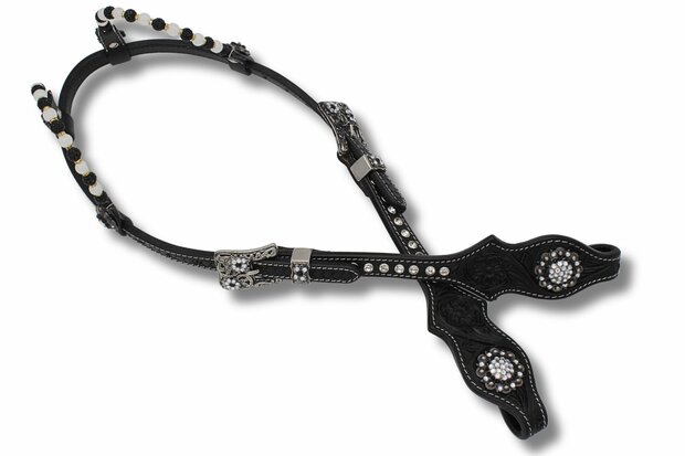 Two Ear show westernhoofdstel Zwart Leder met Kralen &amp; Strass