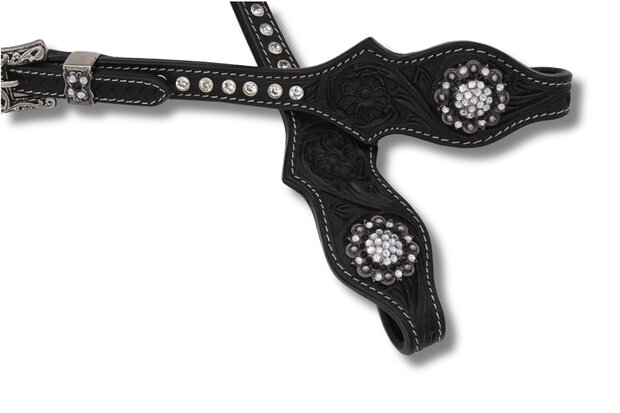 Two Ear show westernhoofdstel Zwart Leder met Kralen &amp; Strass