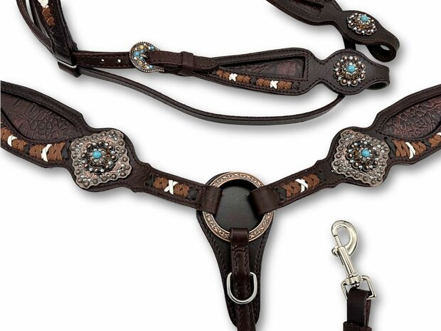 Westernset Vintage-Look: Hoofdstel, Borsttuig en Split Reins &ndash; Donkerbruin
