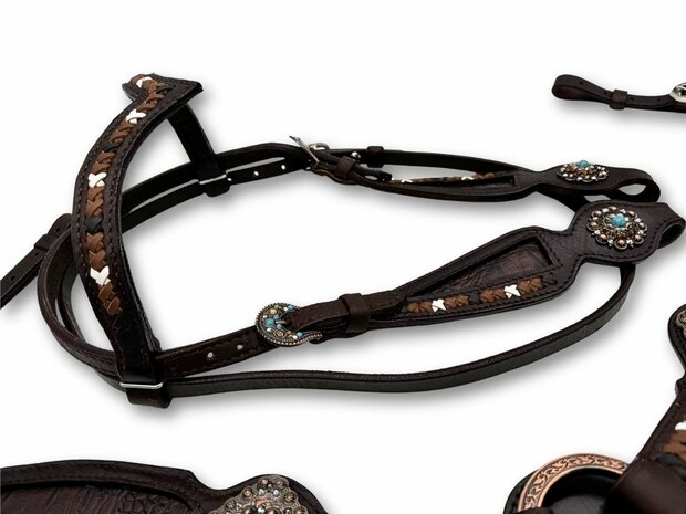 Westernset Vintage-Look: Hoofdstel, Borsttuig en Split Reins &ndash; Donkerbruin