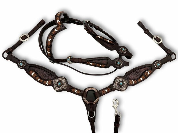 Westernset Vintage-Look: Hoofdstel, Borsttuig en Split Reins &ndash; Donkerbruin