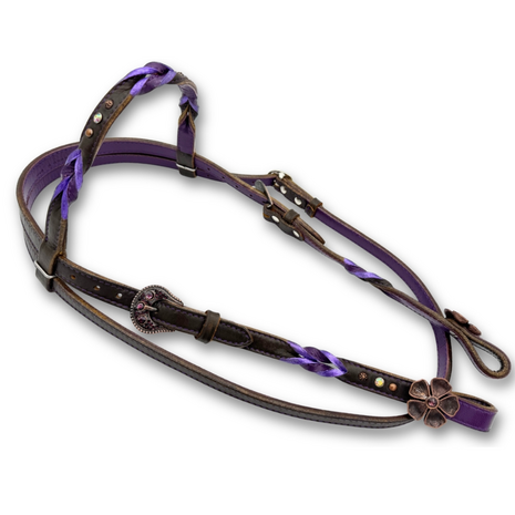 Western Hoofdstel Donkerbruin met Lila Vlechtwerk en Flower-Concho&rsquo;s