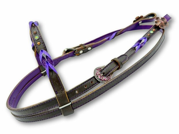 Western Hoofdstel Donkerbruin met Lila Vlechtwerk en Flower-Concho&rsquo;s
