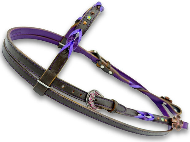 Western Hoofdstel Donkerbruin met Lila Vlechtwerk en Flower-Concho&rsquo;s