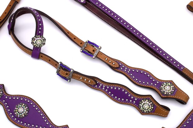 Westernset One Ear Lila &ndash; Hoofdstel, Borsttuig en Split Reins