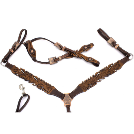 Westernset One Ear Vintage &ndash; Donkerbruin Harness Leder met Strass