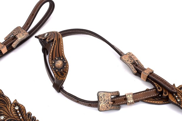 Westernset One Ear Vintage &ndash; Donkerbruin Harness Leder met Strass