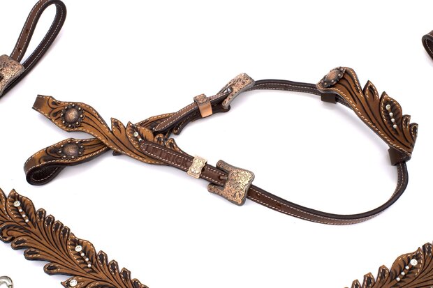 Westernset One Ear Vintage &ndash; Donkerbruin Harness Leder met Strass