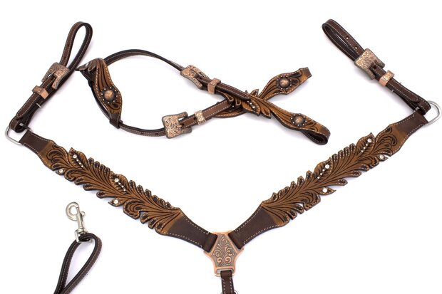 Westernset One Ear Vintage &ndash; Donkerbruin Harness Leder met Strass