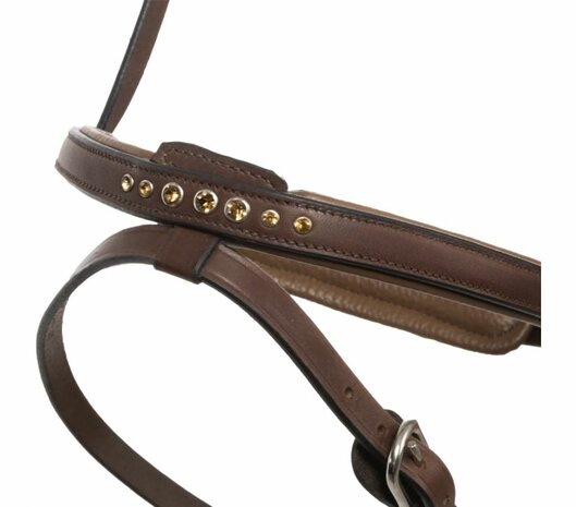 Compleet hoofdstel Aradis Gull met Engelse neusriem &ndash; bruin geolied leer met gouden accenten op = op