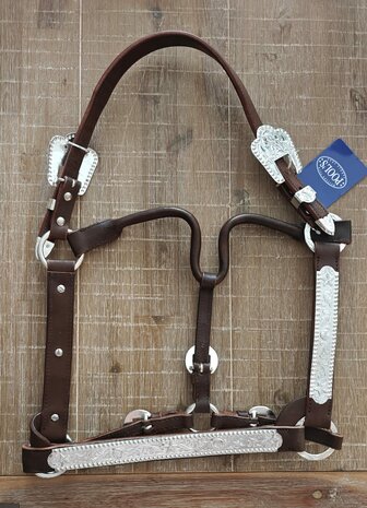 Pool&rsquo;s Western Lederen Halster met Zilverbeslag &ndash; Bruin &amp; Cognac