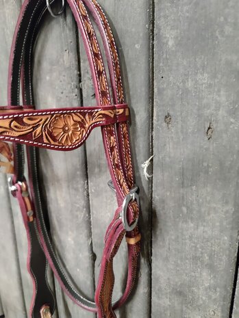 Browband Western Headstall Flower Tooling | Russet met Latigo | QH
