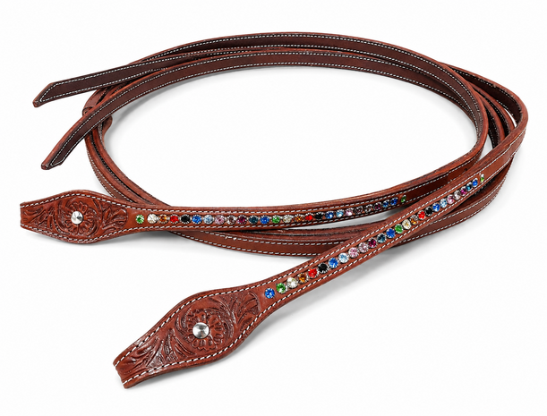Lederen Teugels met Multi-Color Rhinestones &ndash; Sadesa Leer &ndash; Chestnut
