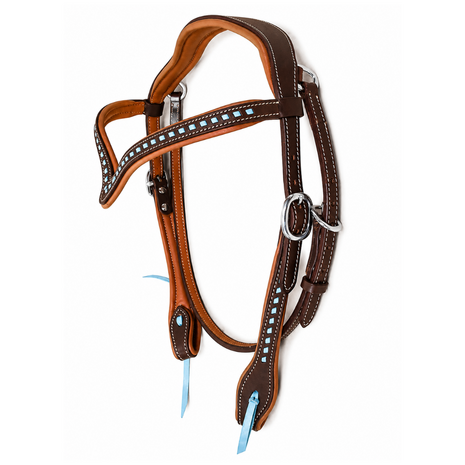 V-Browband Headstall met Turquoise Buck Stitching 