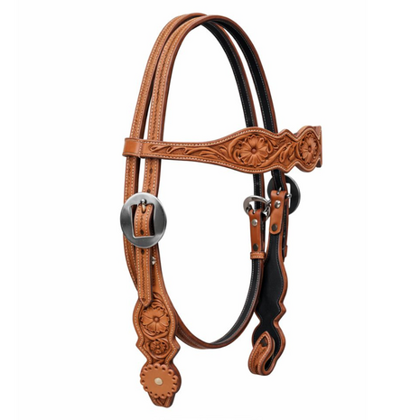 Browband Western Headstall Flower Tooling &amp; Sunflower Concho | QH