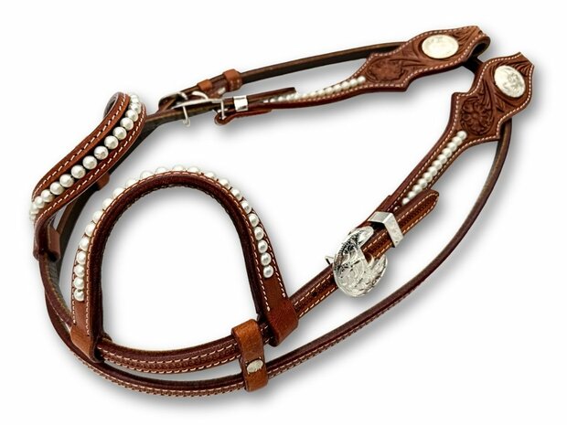 Westernhoofdstel &ndash; Two Ear Flower Tooling & Pearls
