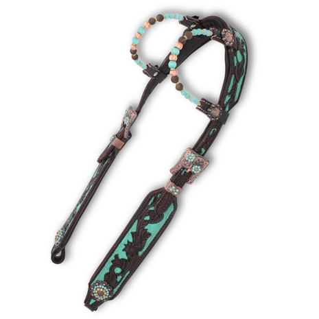 Westernhoofdstel &ndash; Two Ear &ndash; Super Soft &ndash; Dark Chestnut &amp; Turquoise