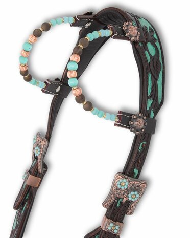 Westernhoofdstel &ndash; Two Ear &ndash; Super Soft &ndash; Dark Chestnut &amp; Turquoise
