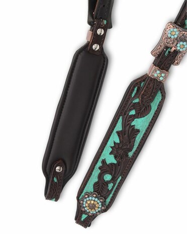Westernhoofdstel &ndash; Two Ear &ndash; Super Soft &ndash; Dark Chestnut &amp; Turquoise
